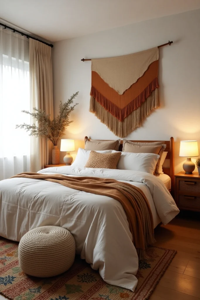 Boho-Scandi bedroom with earthy woven wall art, soft linen bedding, and ambient warm lighting.