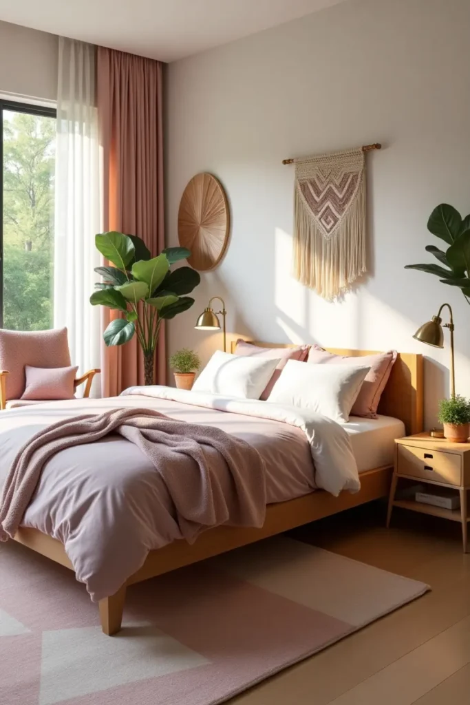 Minimalist bedroom with bamboo bed, blush rug, soft lighting, and woven wall art in pastel tones.