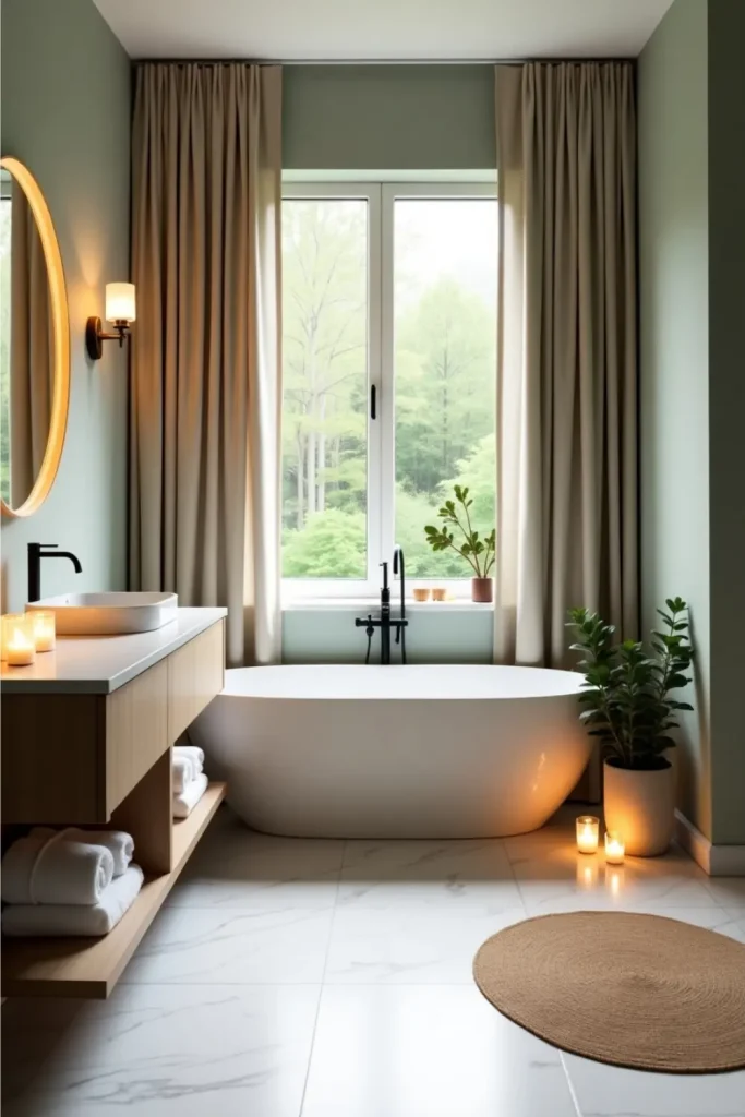 Spa-inspired bathroom with marble floor, freestanding tub, candles, plants, and a large round mirror.