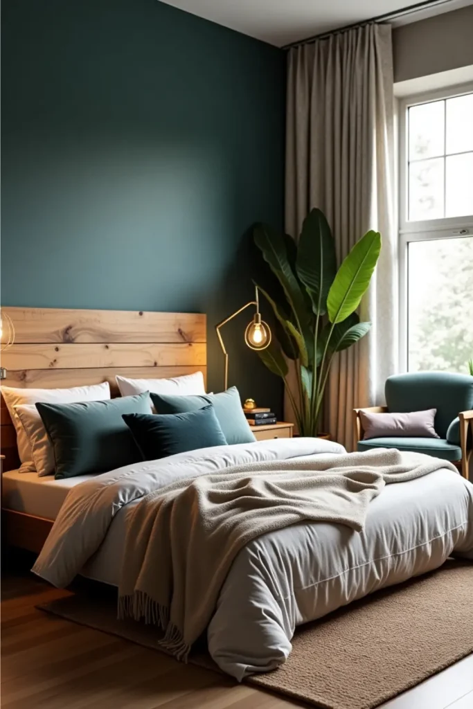 Teal bedroom with wood headboard, cozy pillows, plants, soft lighting, and woven textures.