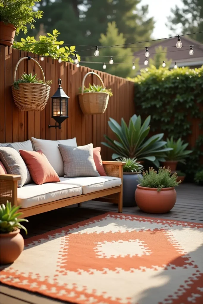 Pastel pots, rattan bench, bold rug, and string lights in a cozy, plant-filled backyard corner.