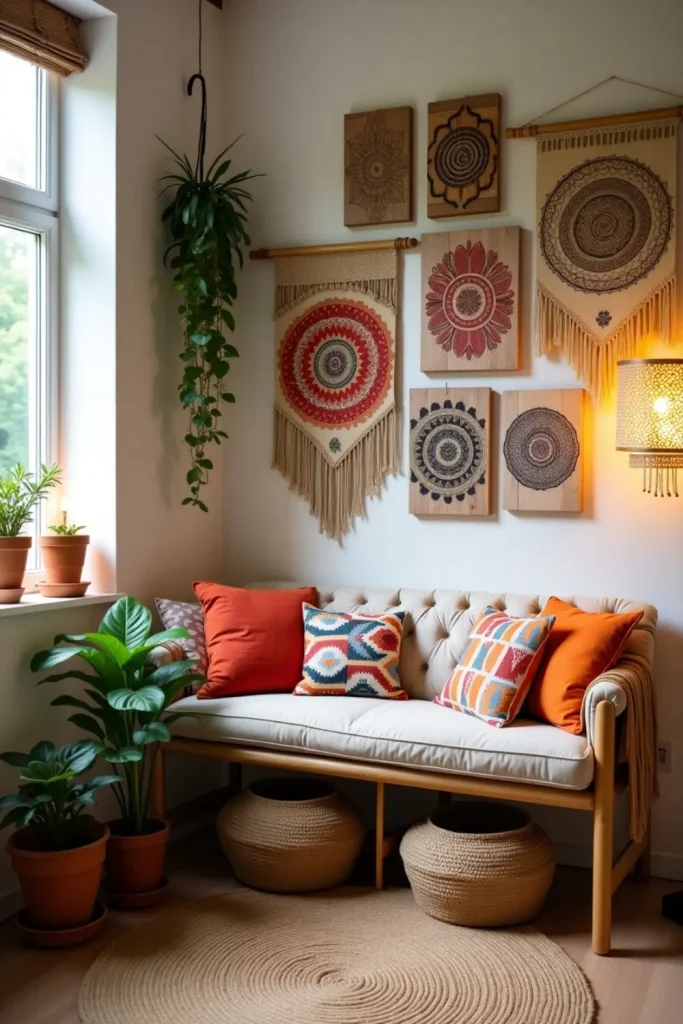 Boho mandala wall art nook with wood panels, fabric tapestries, plants, and warm ambient lighting.