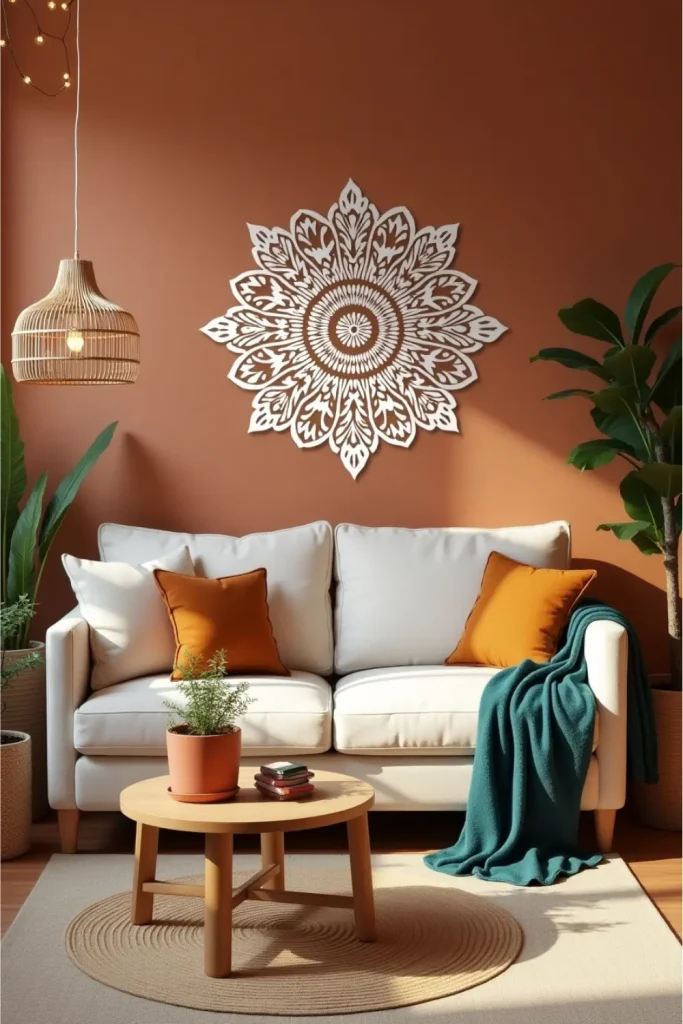 Boho living room with mandala wall art, earthy tones, rattan accents, and cozy layered textiles