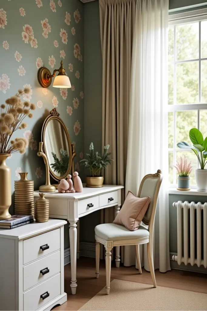 Vintage bedroom corner with gold vase, old books, soft rug, green walls, and warm vintage lighting.