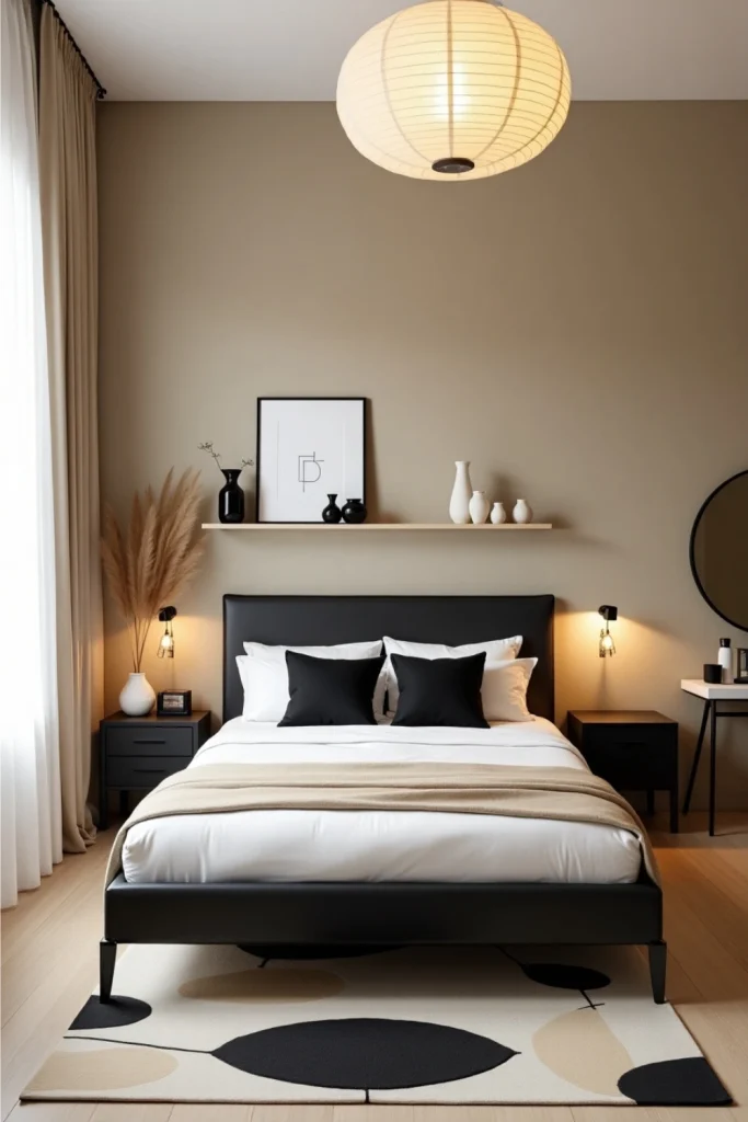Japandi bedroom with black bed, beige walls, geometric rug, and minimalist warm decor.