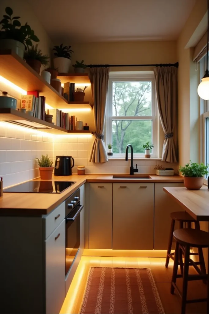 Tiny kitchen with warm under-cabinet lighting, open shelves, wooden counters, and cozy decor elements.