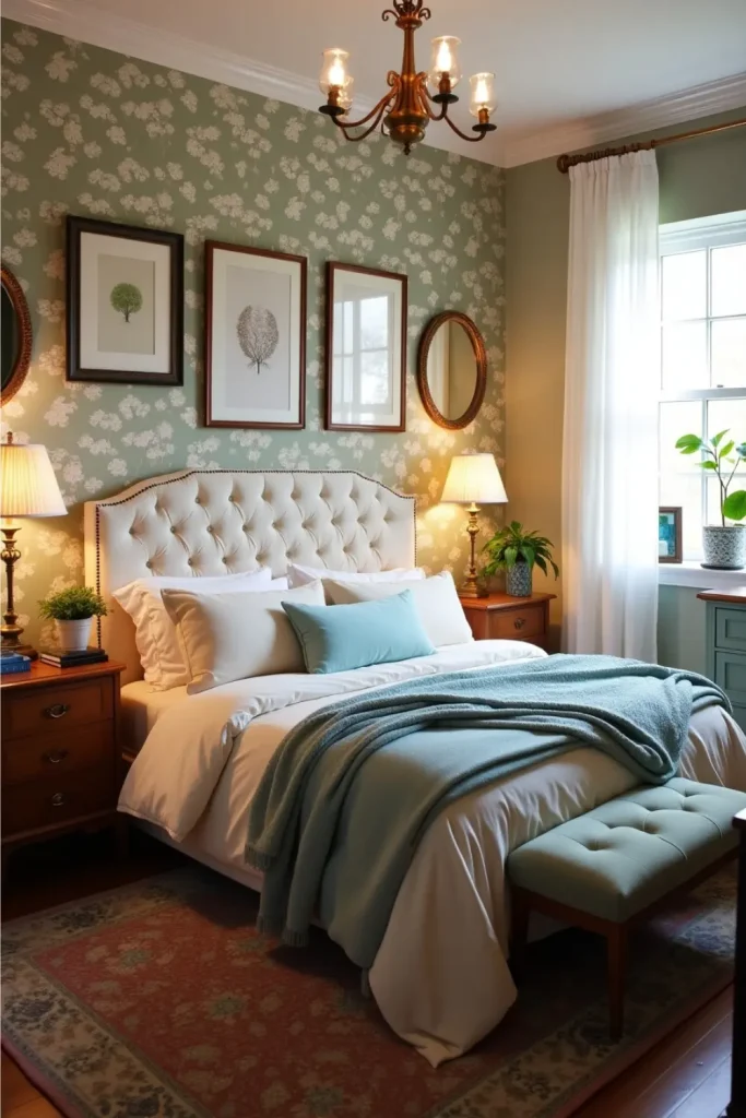 Vintage bedroom with floral accent wall, tufted bed, warm lighting, lace curtains, and cozy decor.
