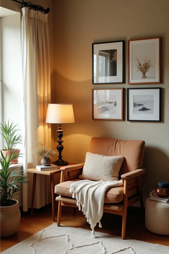 Vintage-modern reading nook with gallery wall, retro lamp, cozy chair, and warm decor.
