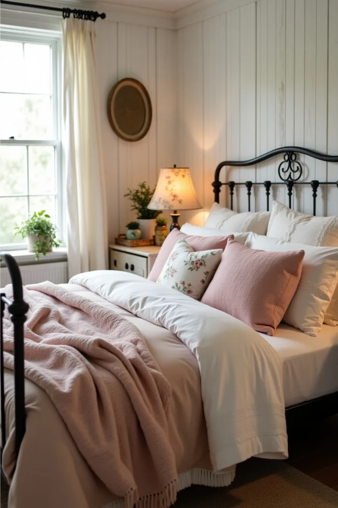 Lace-trimmed vintage bedding in a cozy Cottagecore bedroom with soft lighting and floral accents.