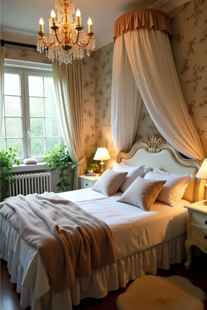 Vintage French bedroom with lace canopy, floral bed skirt, soft bedding, and warm antique lighting.
