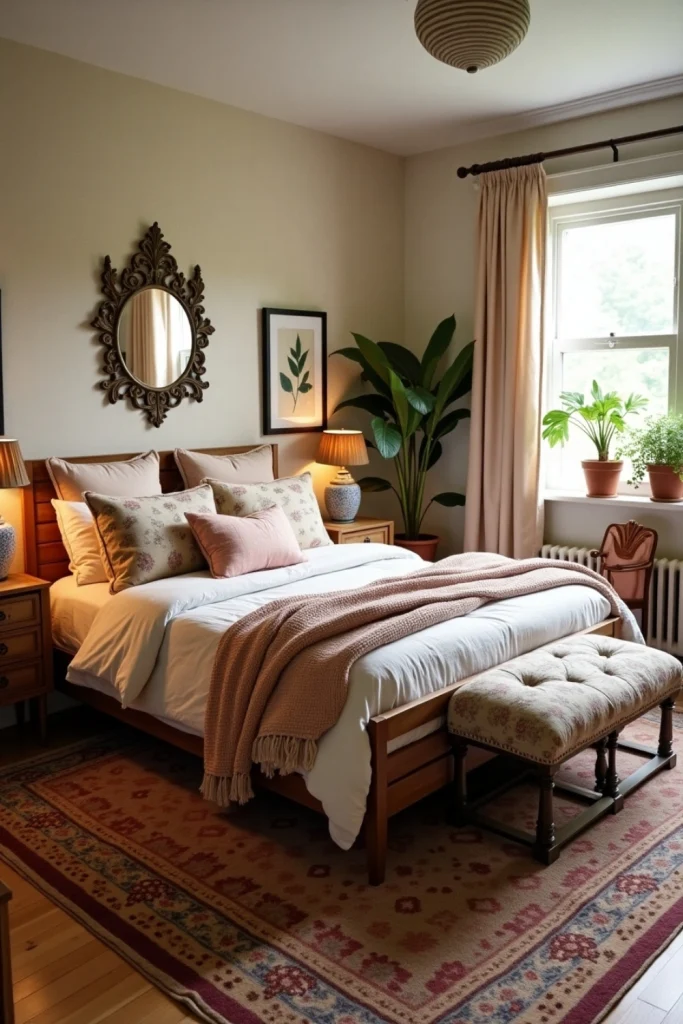 Vintage bedroom with retro clock and radio, warm wood tones, soft textiles, and cozy ambient lighting.