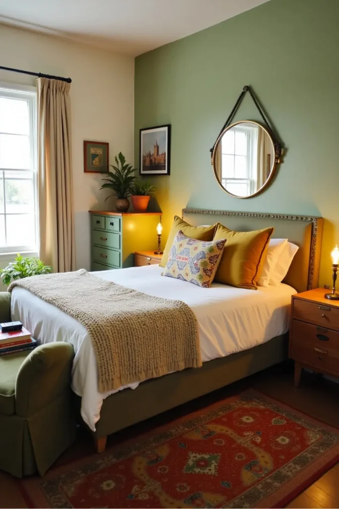 Vintage bedroom with sage walls, mustard pillows, thrifted green dresser, and warm ambient lighting.