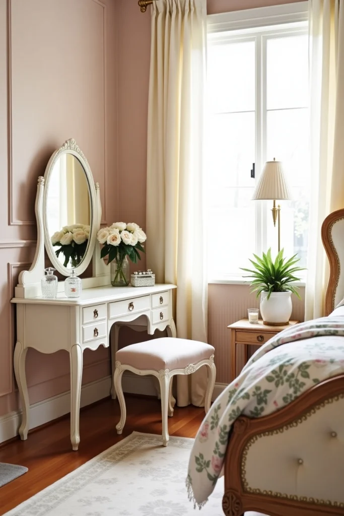 Vintage vanity and tufted bed in a blush bedroom with soft light and romantic French-inspired decor.