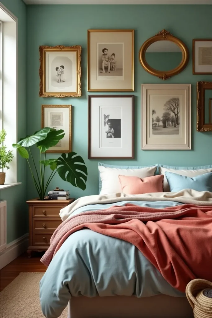 Cozy vintage bedroom with asymmetrical gallery wall, ornate frames, family photos, teal wall, plush bed, plants, mirror, and soft sunlight, 2025 style.