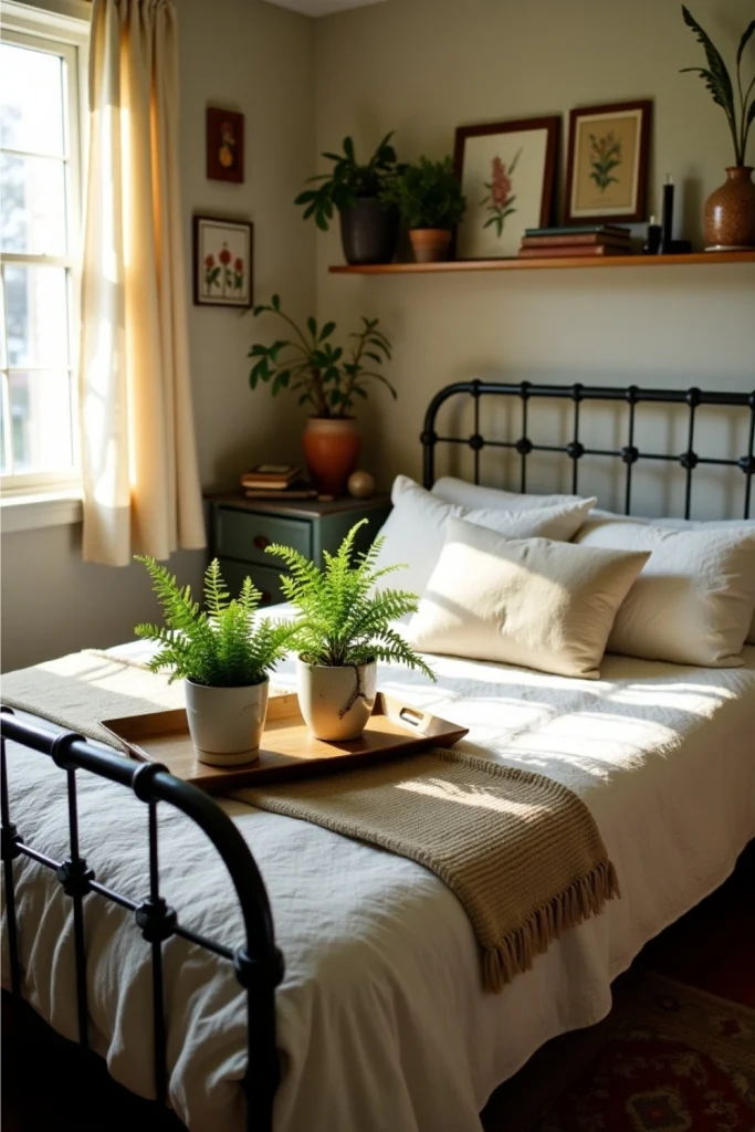 Vintage bedroom with indoor plants, lace curtains, floral quilt, and warm cottagecore accents.