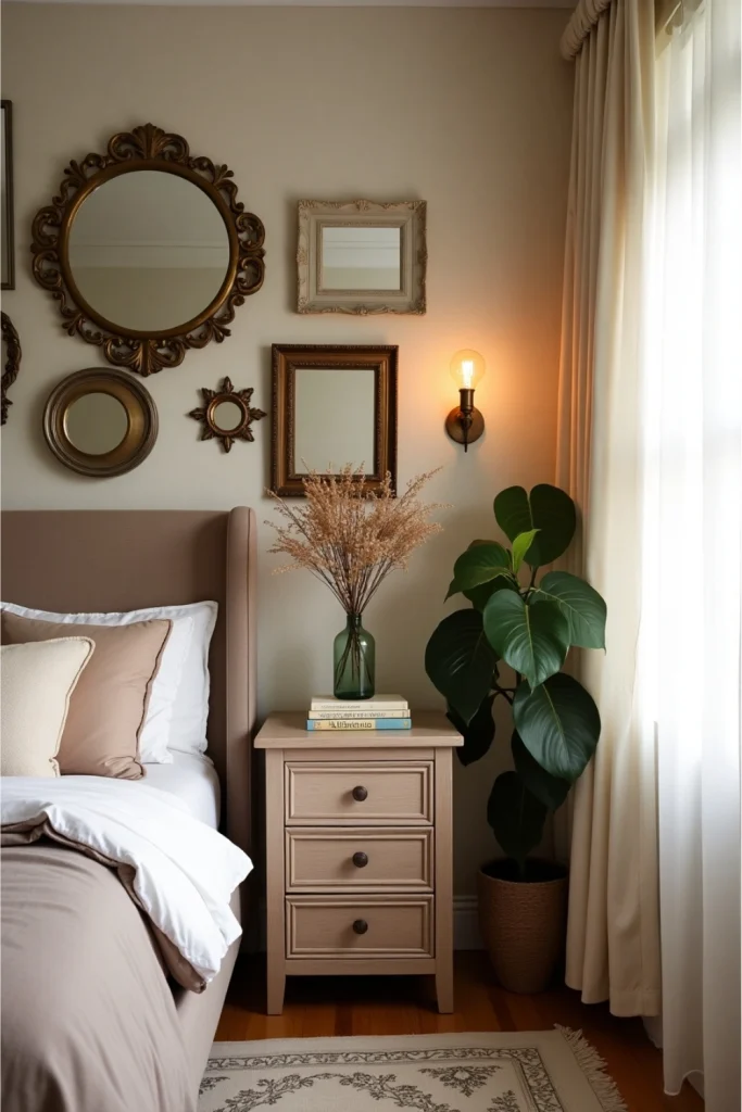 Vintage mirror collage above nightstand with soft light, blush textiles, and warm antique accents.