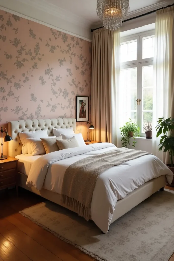 Blush floral wallpaper behind vintage bed, soft linens, indoor plants, and brass lighting elements.