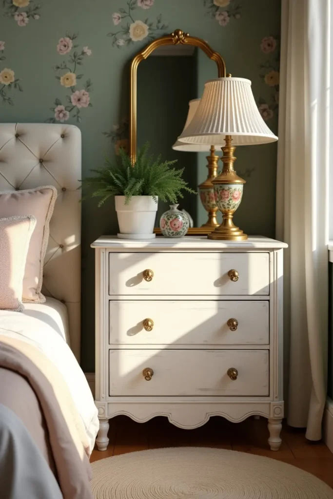 Close-up of vintage knobs on a white dresser with warm lighting and sage walls in a cozy bedroom.