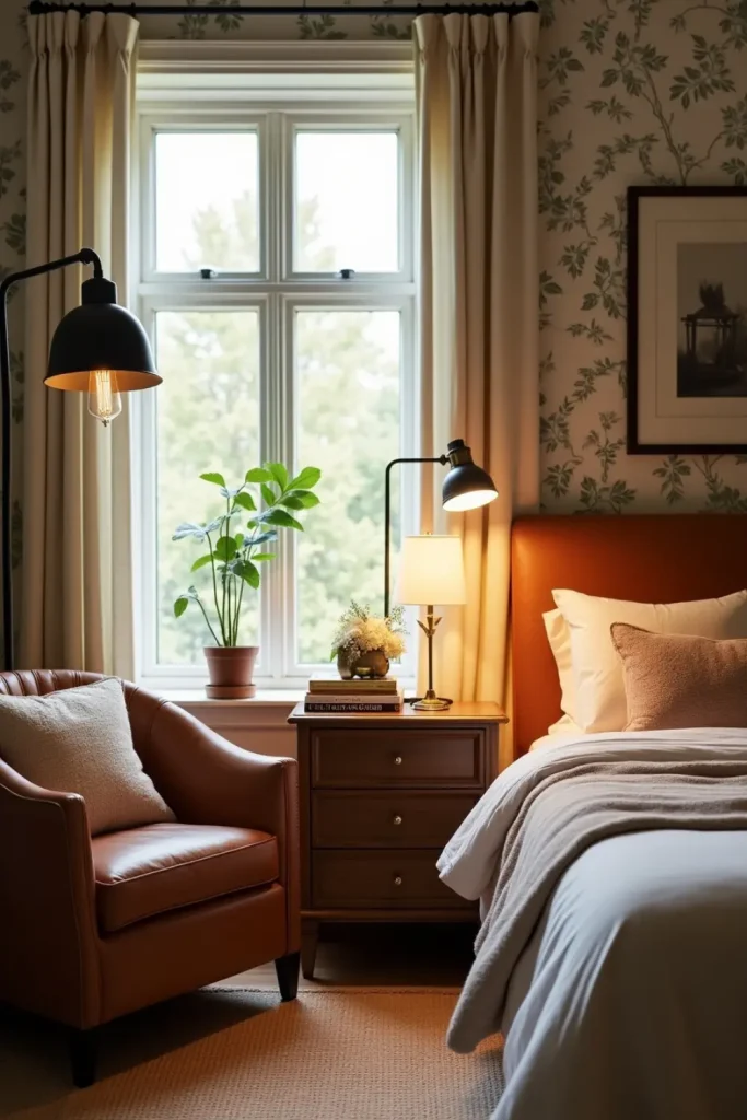 Vintage bedroom with brass lighting, velvet bed, floral wallpaper, and warm layered lighting design.