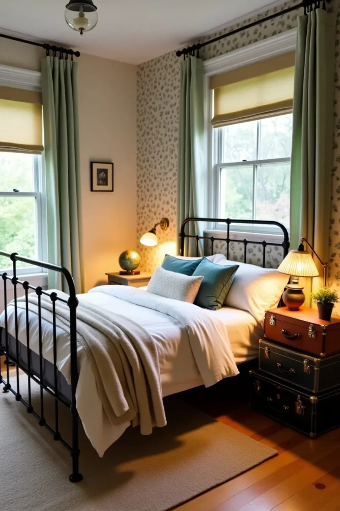Vintage suitcases stacked at bed's foot in a cozy, floral-wallpapered bedroom with warm lighting.