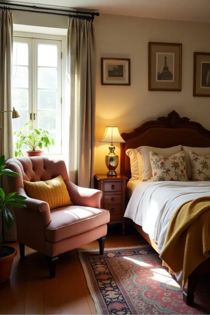Vintage bedroom with cozy reading nook, velvet chair, soft bedding, warm lighting, and floral accents.