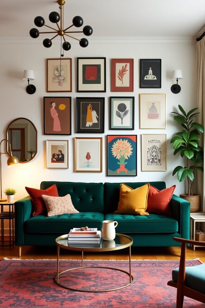 Eclectic living room with vibrant gallery wall, emerald sofa, jewel rug, plants, and warm lighting