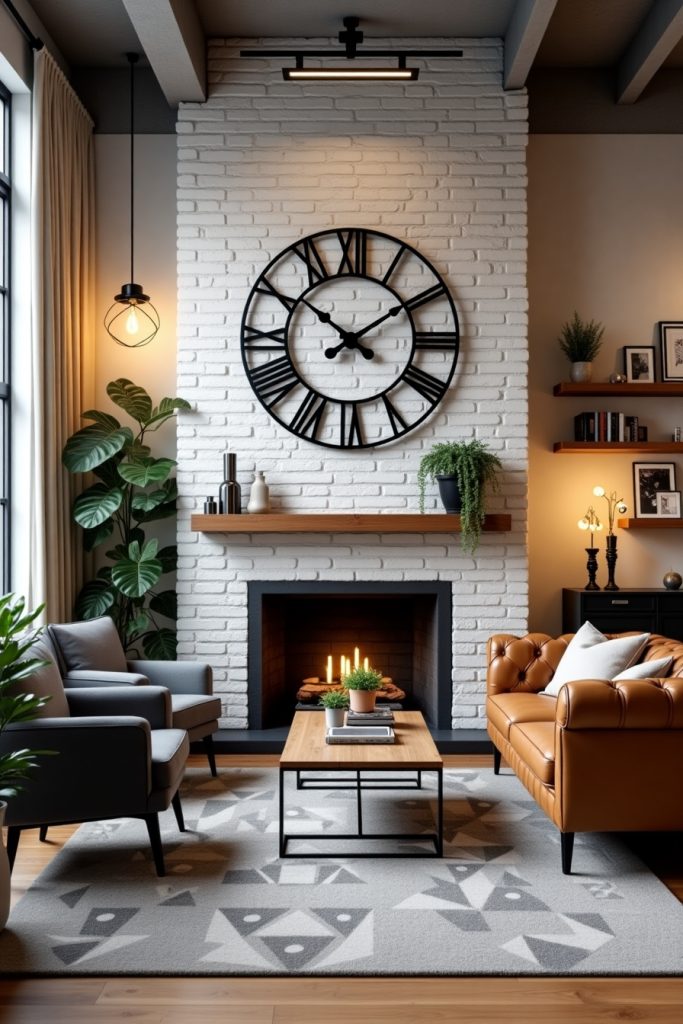 Industrial loft living room with oversized clock, leather sofa, brick wall, plants, and warm lighting