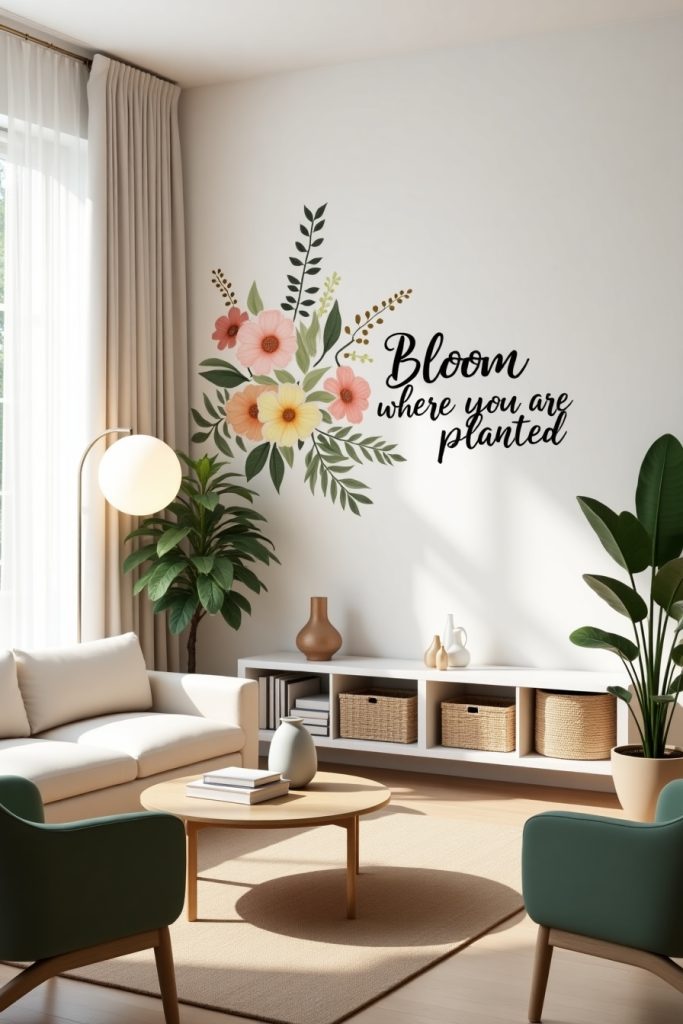 Modern living room with floral and quote wall decals, cream sofa, plants, and warm, cozy lighting