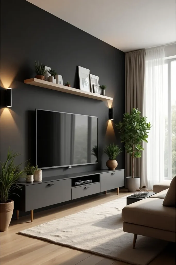 Modern black TV wall unit with floating shelves, cozy textiles, plants, and warm natural lighting.