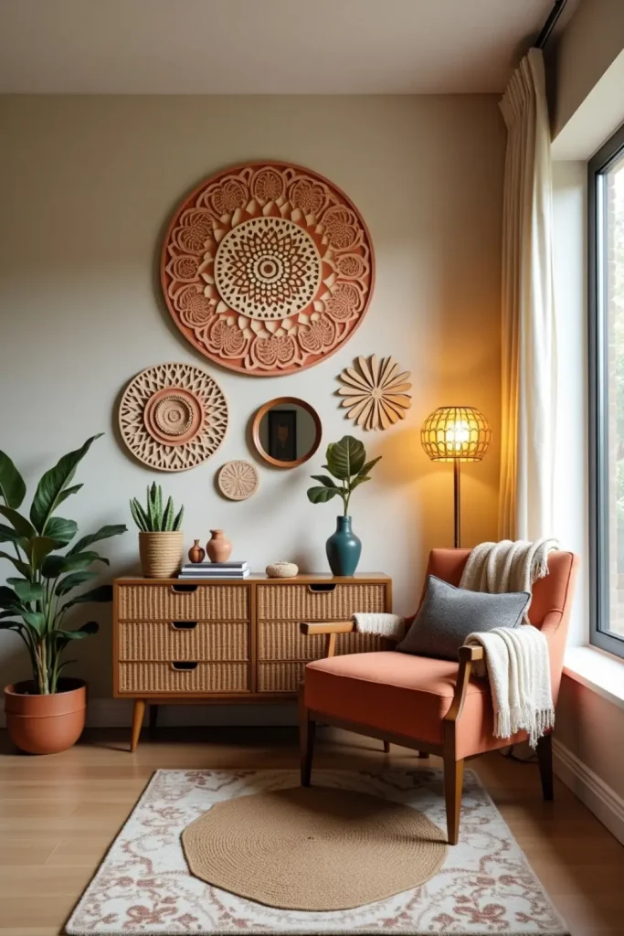 Curated mandala wall art in eclectic living room with wood, canvas, and vintage-inspired pieces.