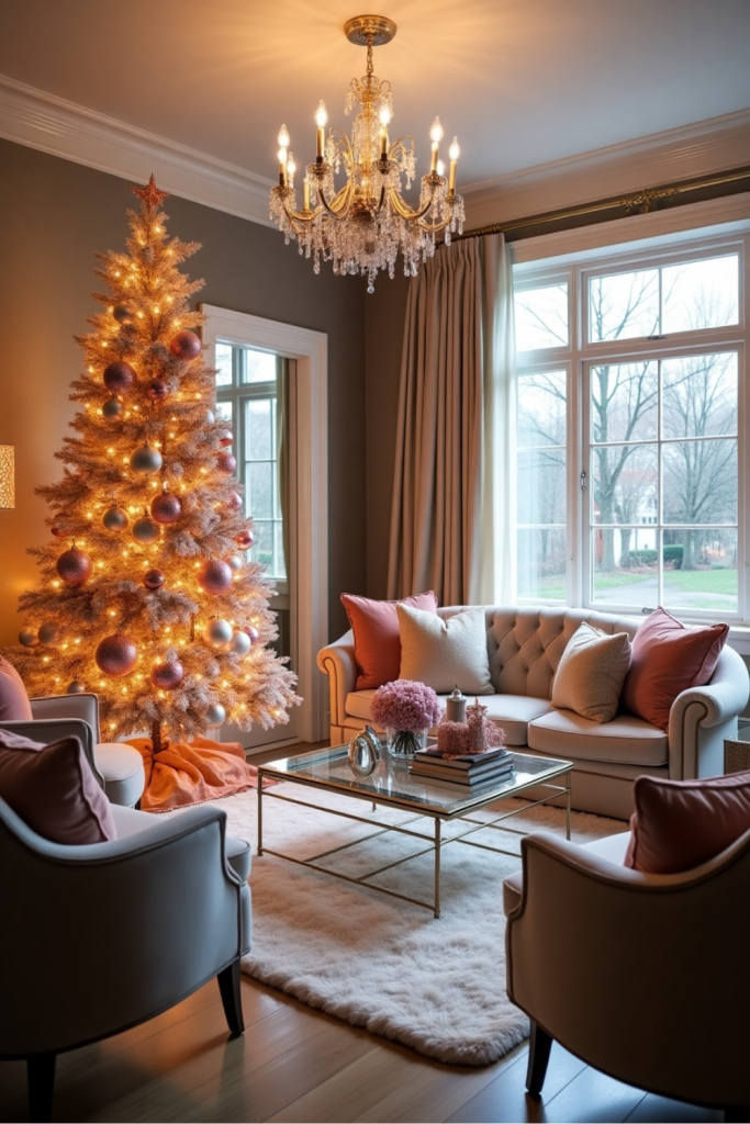 Luxe metallic Christmas tree in rose gold and silver with velvet seating and warm holiday lighting.