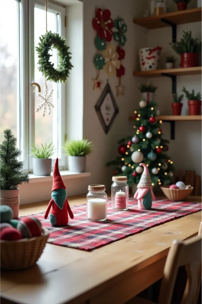 DIY craft table with felt gnomes, paper snowflakes, pinecone wreath, and glitter jar candle holders.