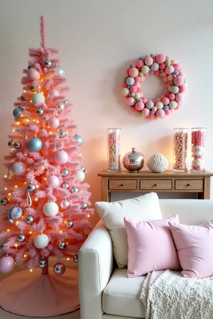 Pink Christmas tree with pastel ornaments, candy accents, and playful pom-pom wreath.