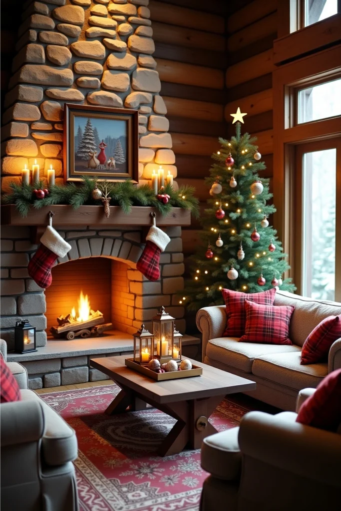 Cozy ski lodge living room with plaid stockings, wool throws, deer figurines, and wooden lanterns.