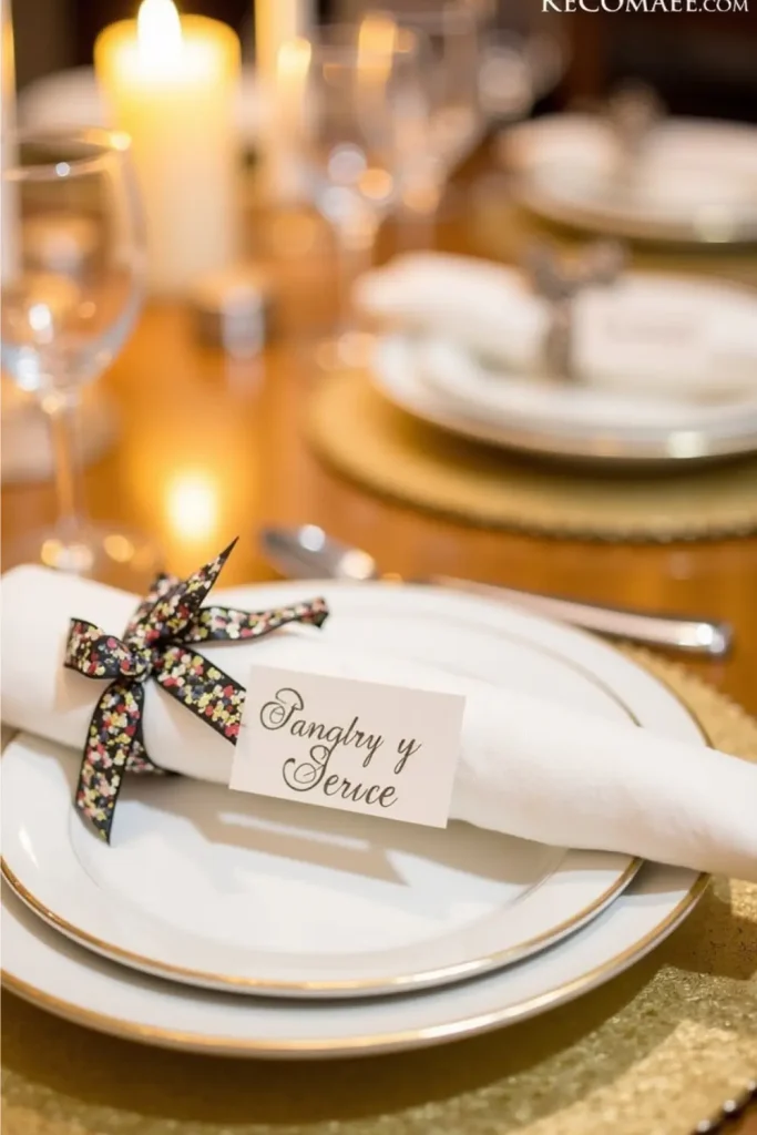 New Year’s Eve table setting with glitter name cards, foil chargers, and napkins tied with confetti.