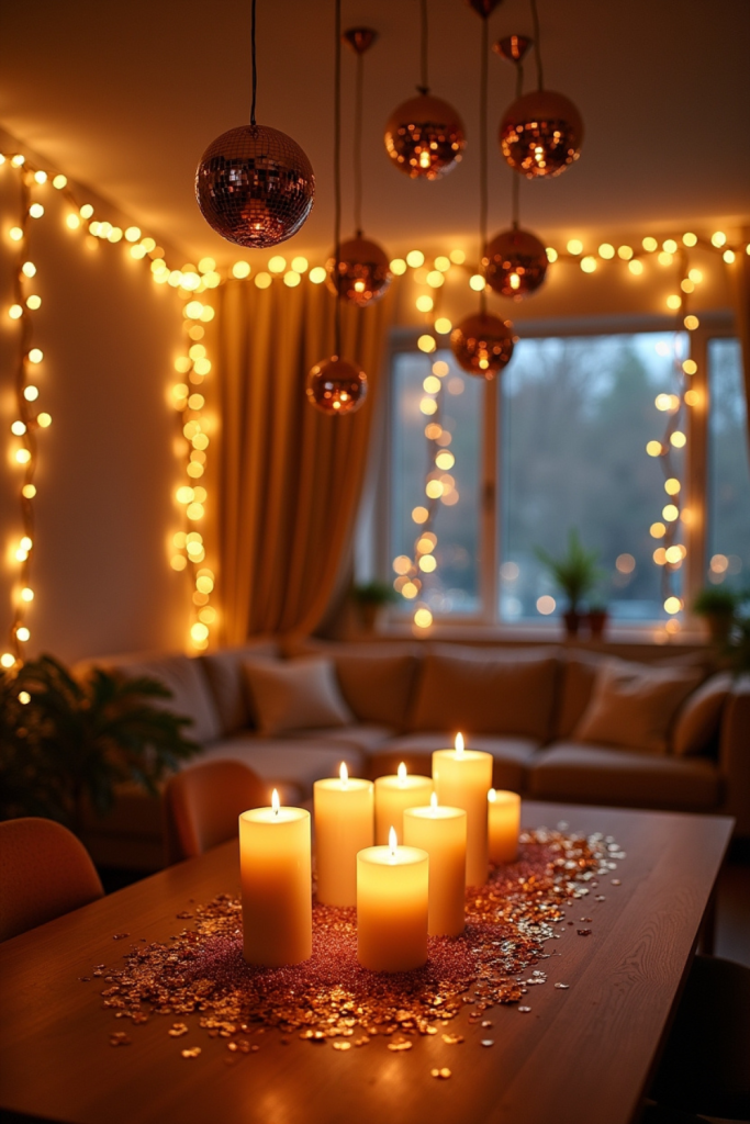 Elegant New Year’s Eve decor with fairy light curtains, LED candles, and sparkling mini disco balls.
