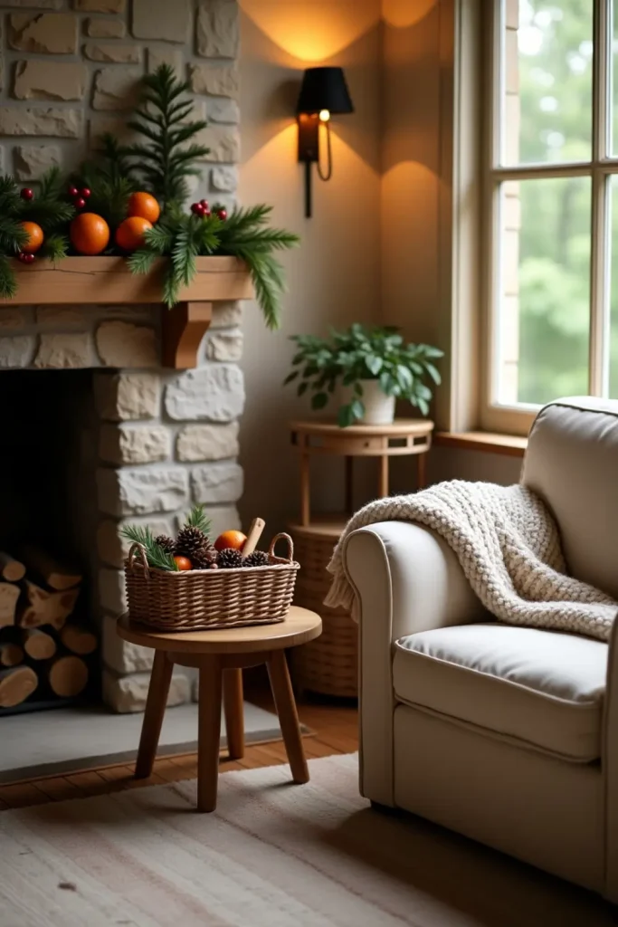 Rustic Christmas nook with pinecone basket, dried oranges, cozy chair, and stone fireplace glow.