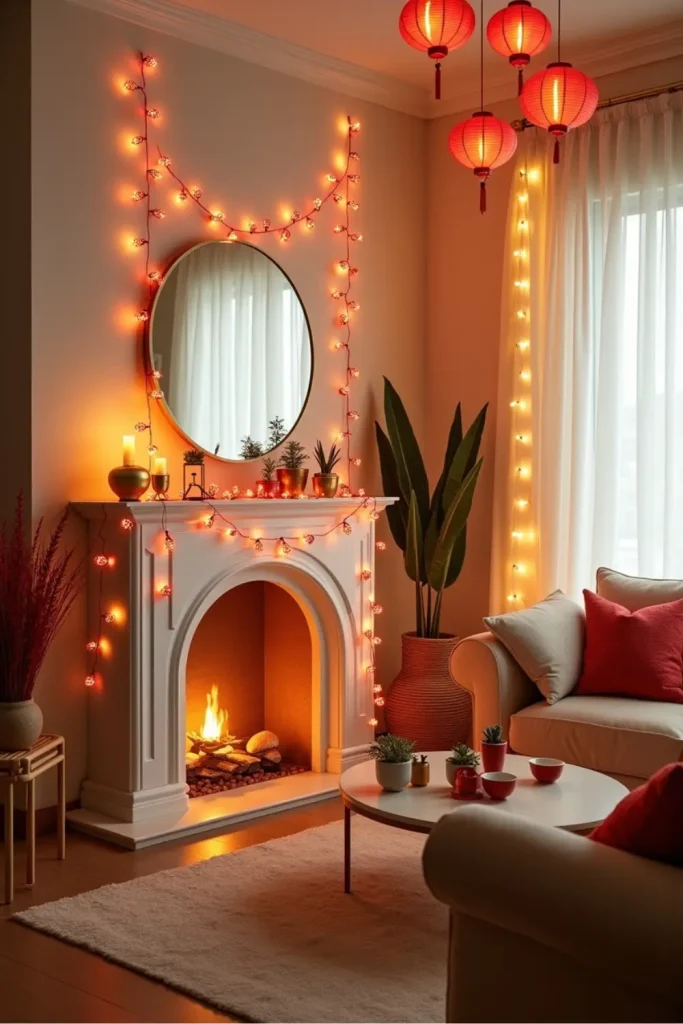 Red and gold fairy lights with paper lanterns draped over mantel and windows for Lunar New Year glow.