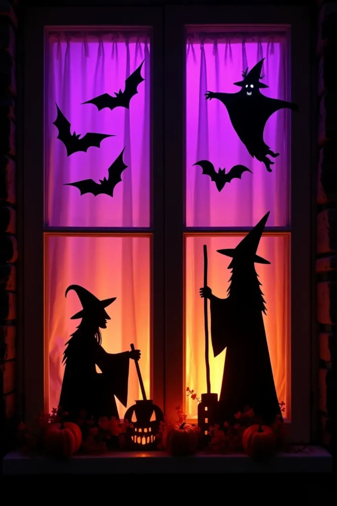 “Black bat and ghost silhouettes backlit with purple and orange LEDs for a dramatic Halloween window scene”