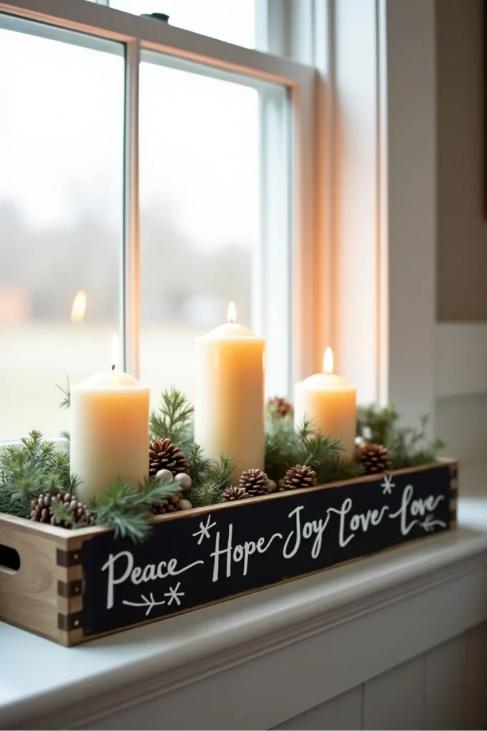 Advent window display with four candles in a chalkboard tray, greenery, and hand-lettered messages.