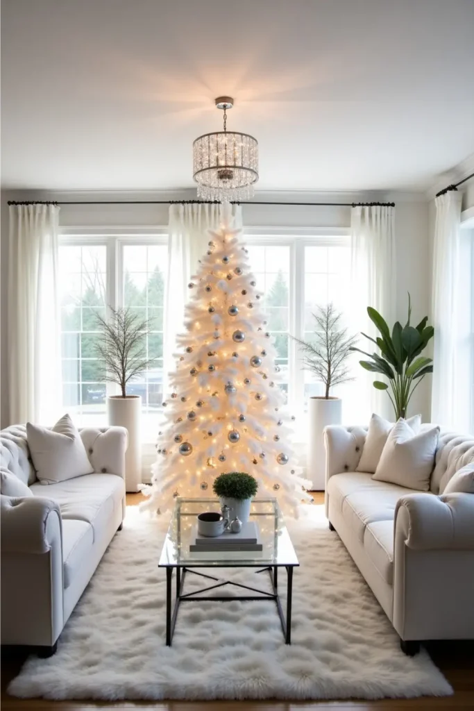 Elegant white Christmas living room with snowy tree, glass baubles, pearl decor, and cozy textures