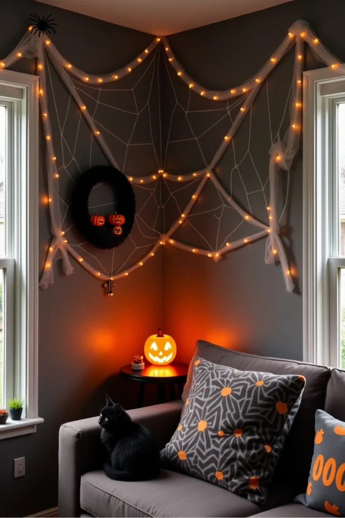 Pet-safe Halloween spiderweb corner with cotton webs, felt spiders, wreath, and glowing jack-o’-lantern.