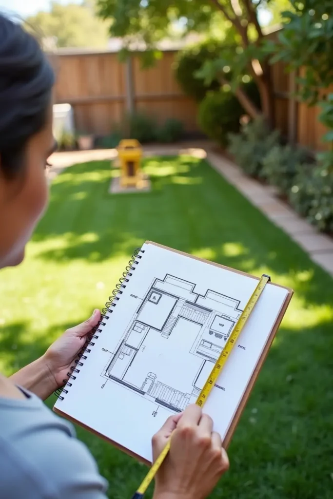 Backyard assessment with tape measure and sketch plan, mapping sunny and shaded areas for design