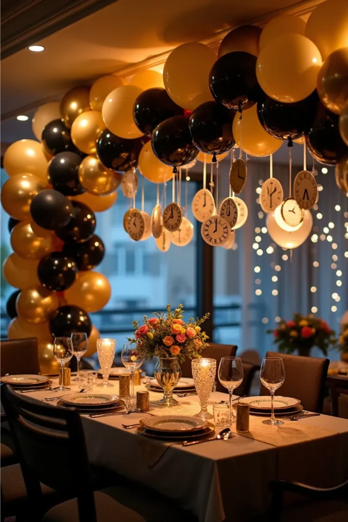 New Year’s Eve party with balloon arch, countdown clock balloons, and a balloon drop for midnight