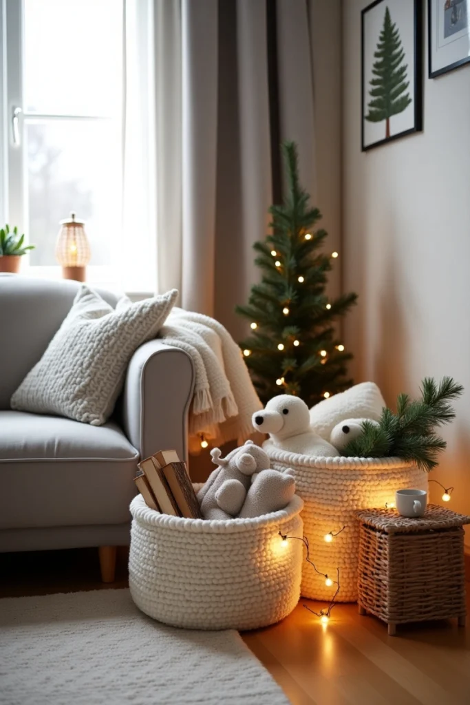 Scandi living room corner with baskets of blankets, firewood, and plush toys in warm Christmas tones.
