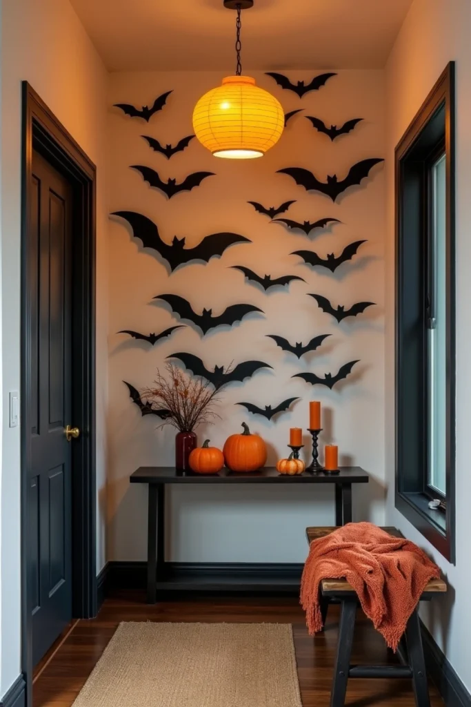 Black paper bats swirl upward on a foyer wall above a console with pumpkins and candles in warm light.
