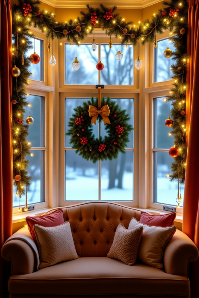 Festive bay window with large wreath, draped garlands, hanging ornaments, and glowing fairy lights.