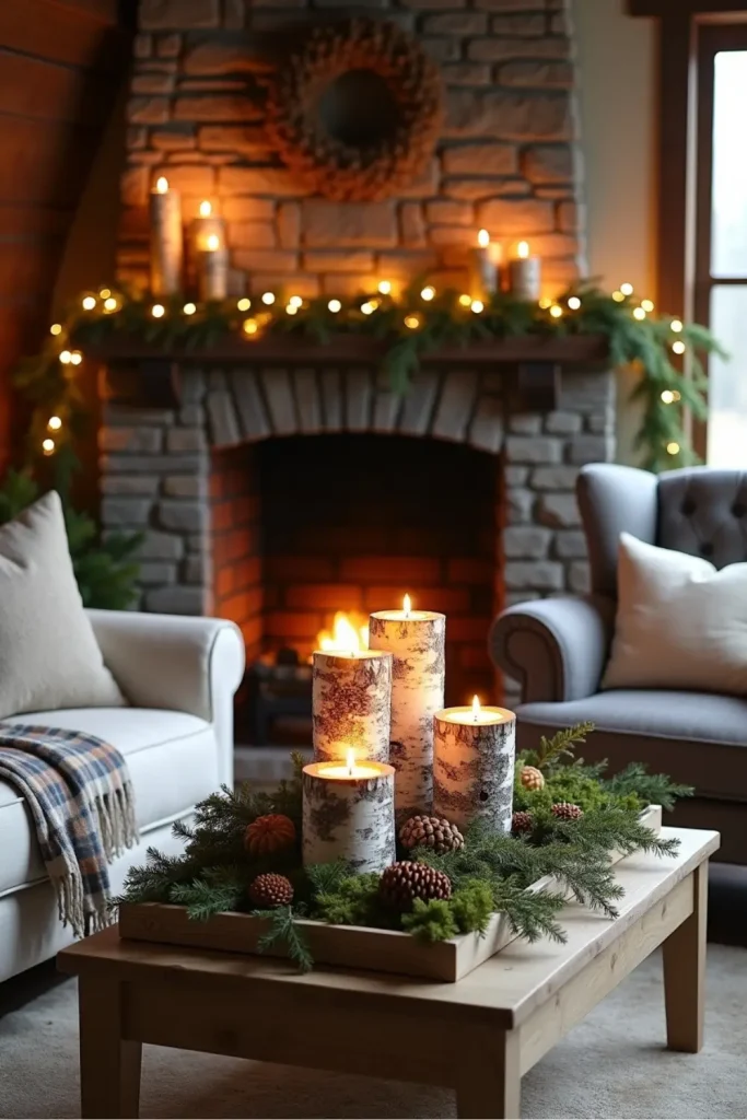 “Rustic birch log tealight holders with moss and LED candles glowing on mantel and coffee table centerpiece.”
