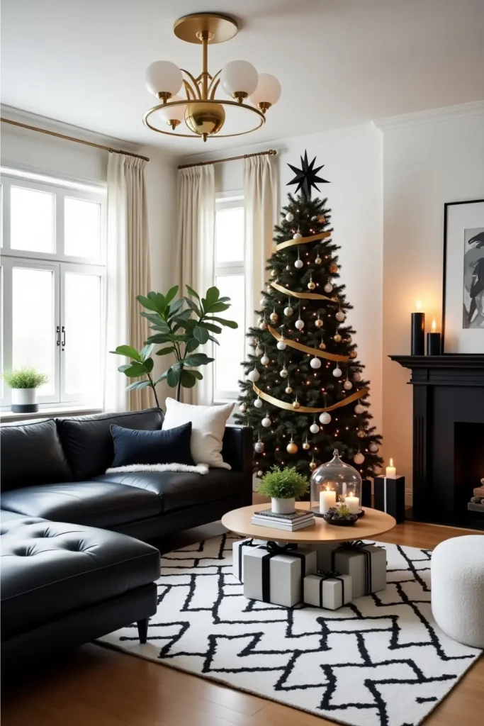Modern black and white Christmas tree with gold accents in a chic living room with stylish decor