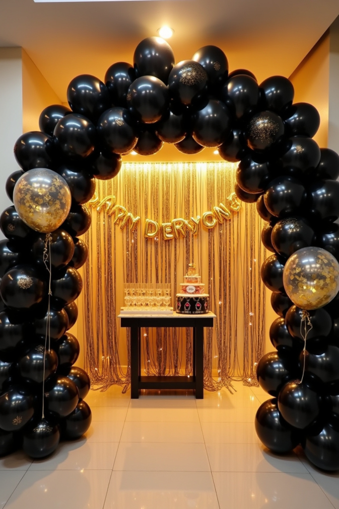 Black and gold balloon arch with confetti-filled balloons, lights, and festive New Year’s Eve entry decor.